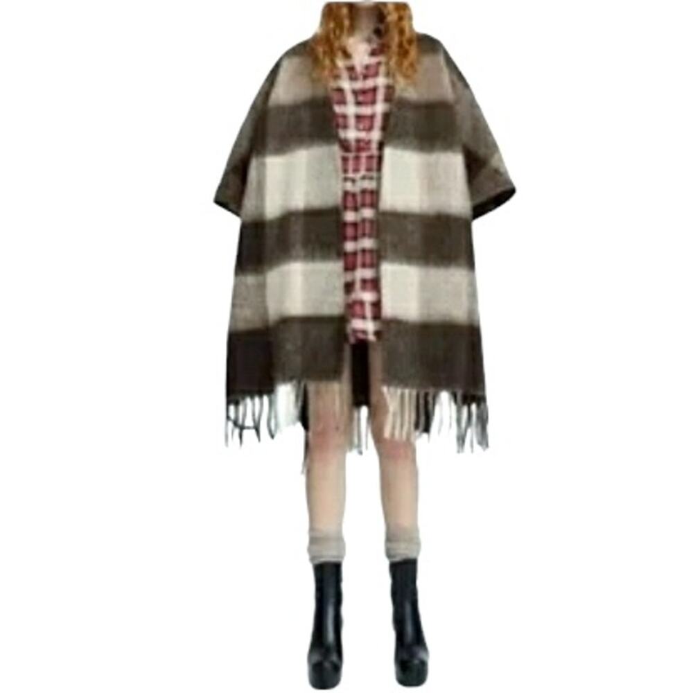 ZARA Fringed Plaid Poncho checked fringe boho open front sweater dark camel Sz M - Picture 9 of 9